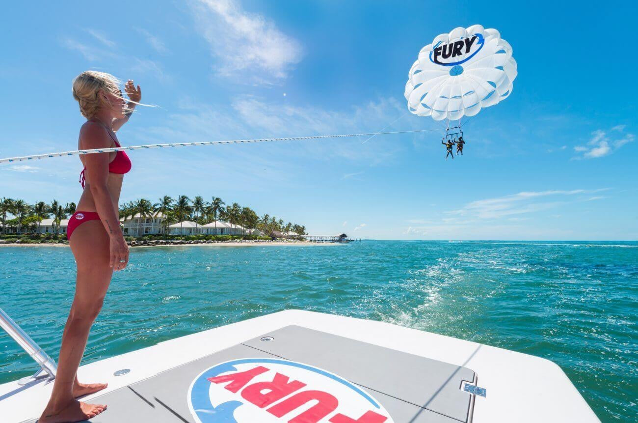 Parasailing high above Key West with panoramic ocean and island views