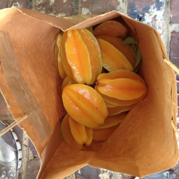 Bag of yellow fruits on a brick wall background